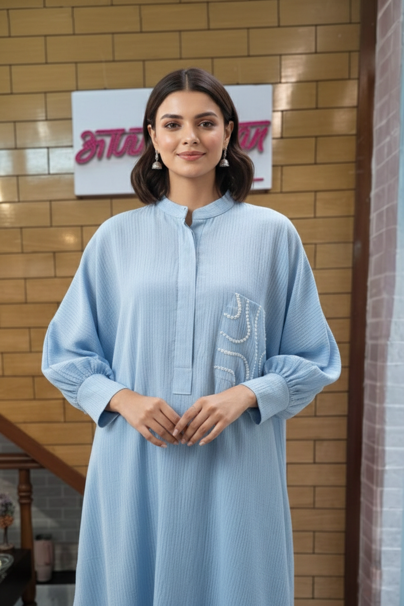 Powder Blue Textured High-Low Kurta with Embroidered Pants Set