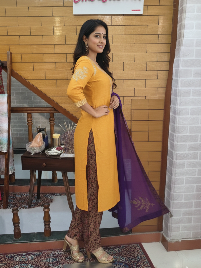 Raw silk suit with Brocade pants & Organza Dupptta