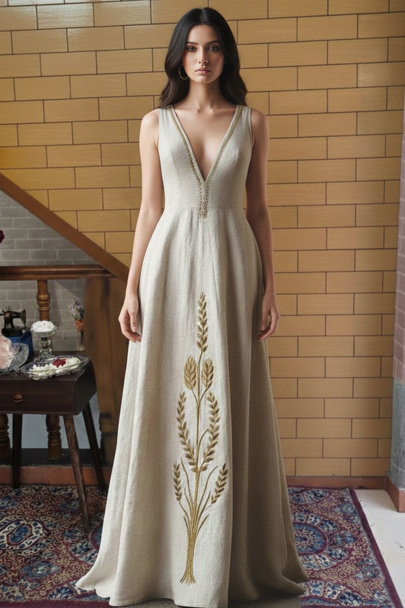 Linen Maxi Dress with Golden Wheat Embroidery