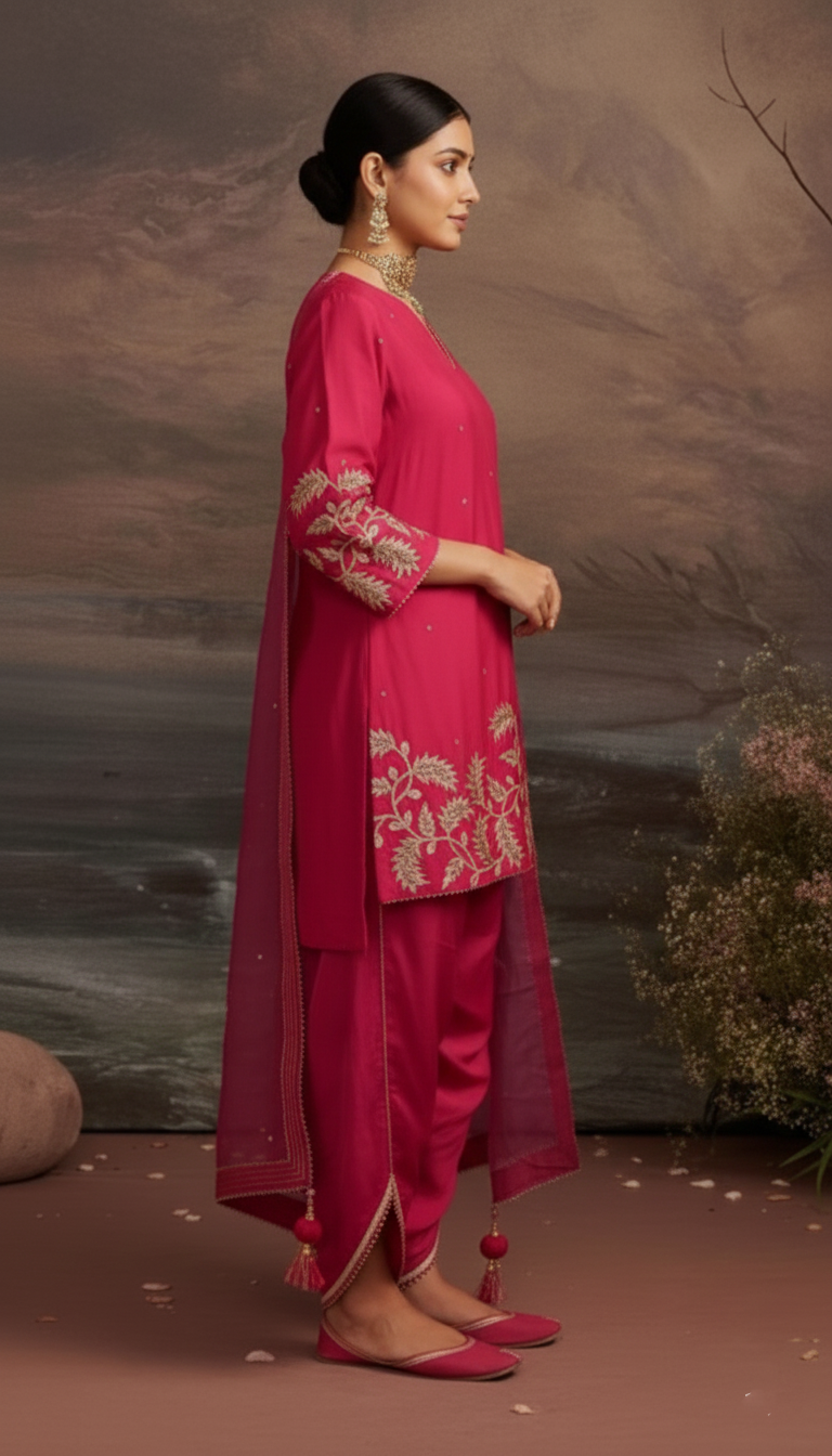 Viscose Silk Dhoti Suit with Aari Embroidery and Organza Dupatta