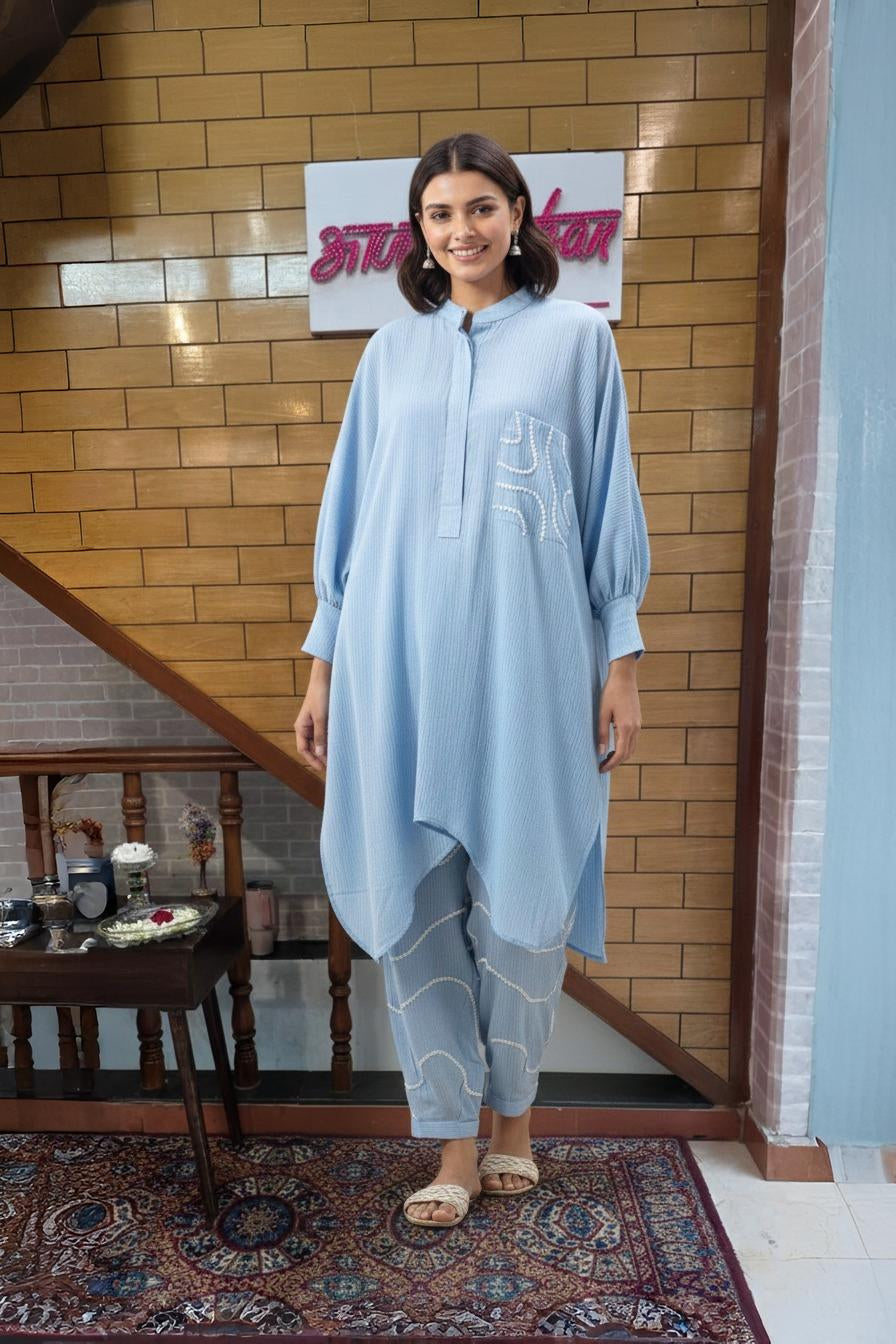 Powder Blue Textured High-Low Kurta with Embroidered Pants Set