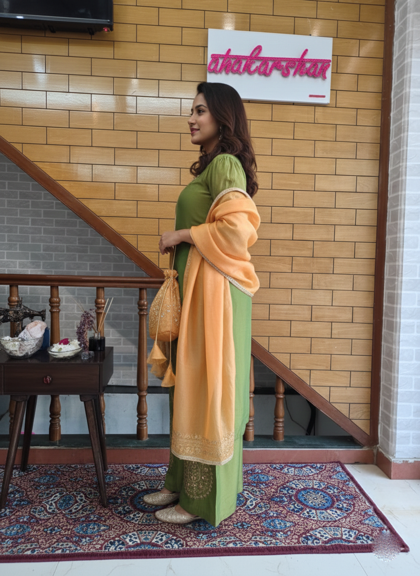 Regal Green & Gold Silk Tissue Zari-Zardozi Embroidered Palazzo Suit with Dupatta