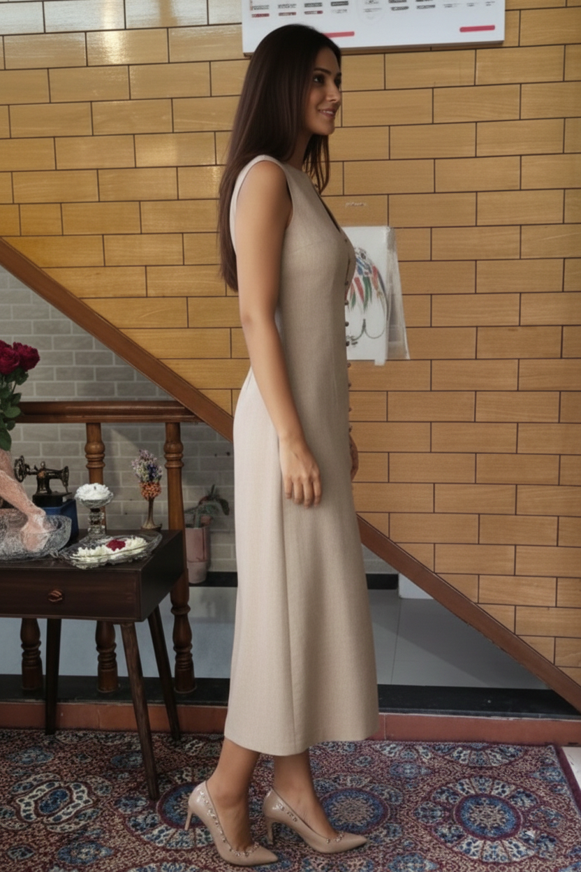 Classic Beige Linen Straight Dress