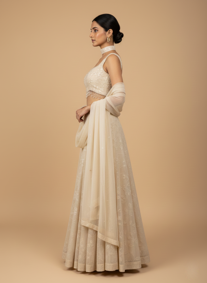 Elegant Embroidered Georgette Skirt, Blouse, and Ban Dupatta Set