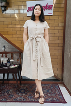 Beige Linen Blend Button-Down Midi Dress with Waist Tie Belt