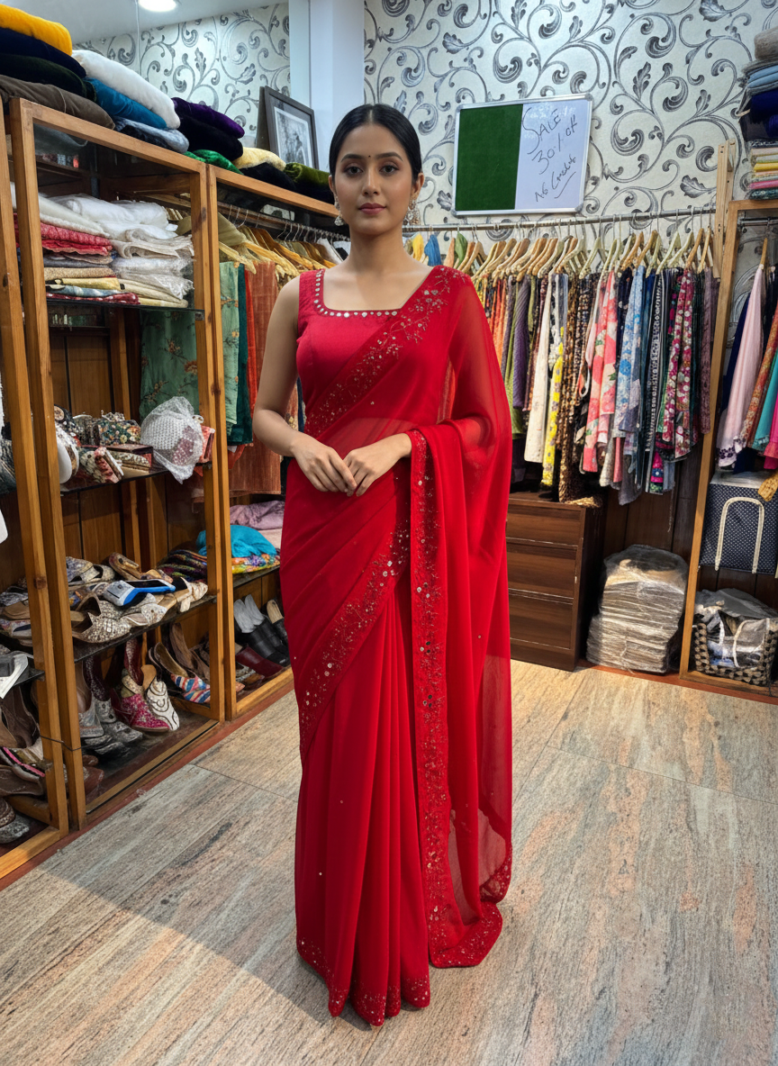 Red Organza Saree with Mirror and Resham Embroidery