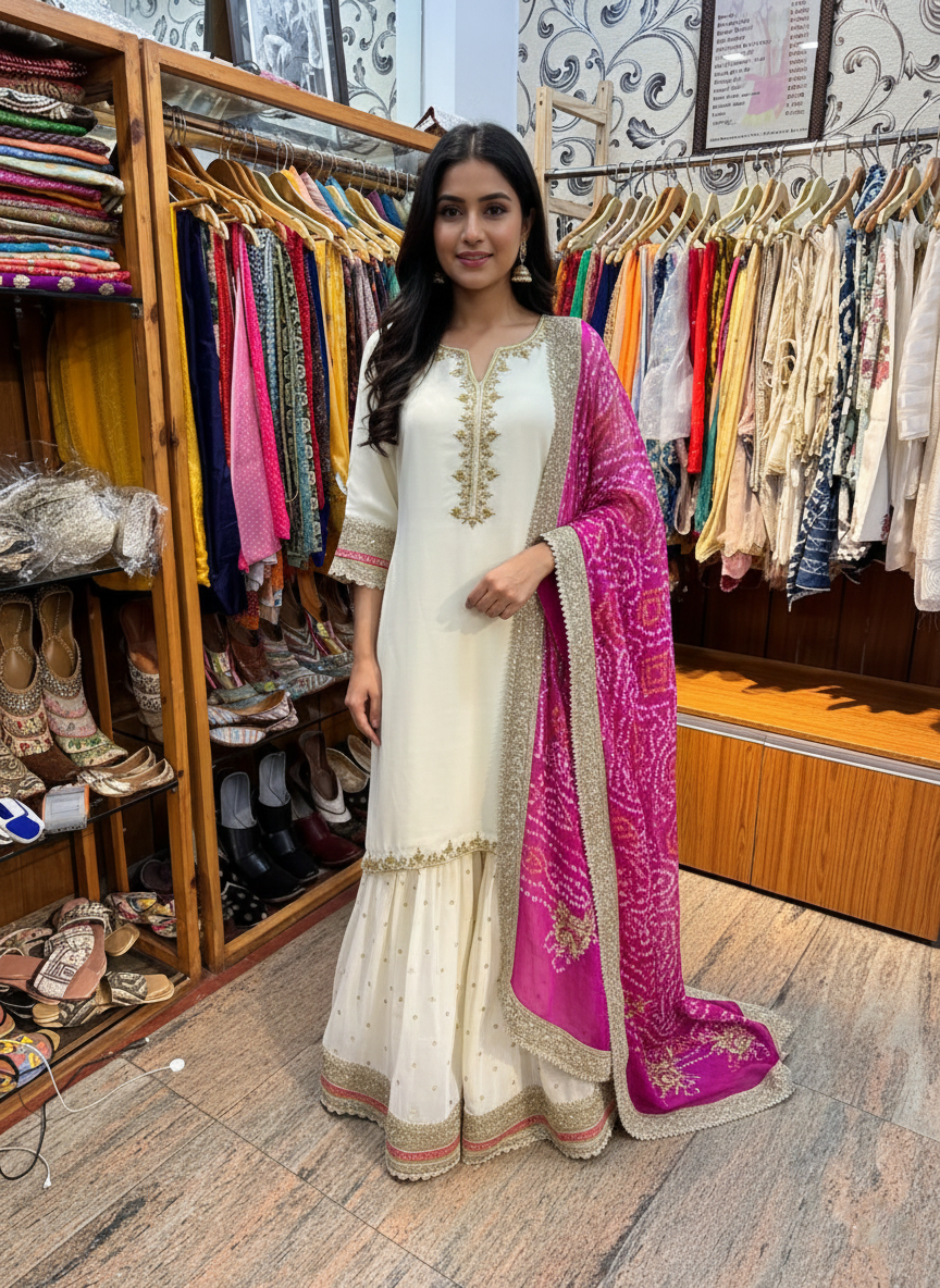Ivory Crepe Suit with Hand-Embroidered Detailing & Pink Bandhani Dupatta