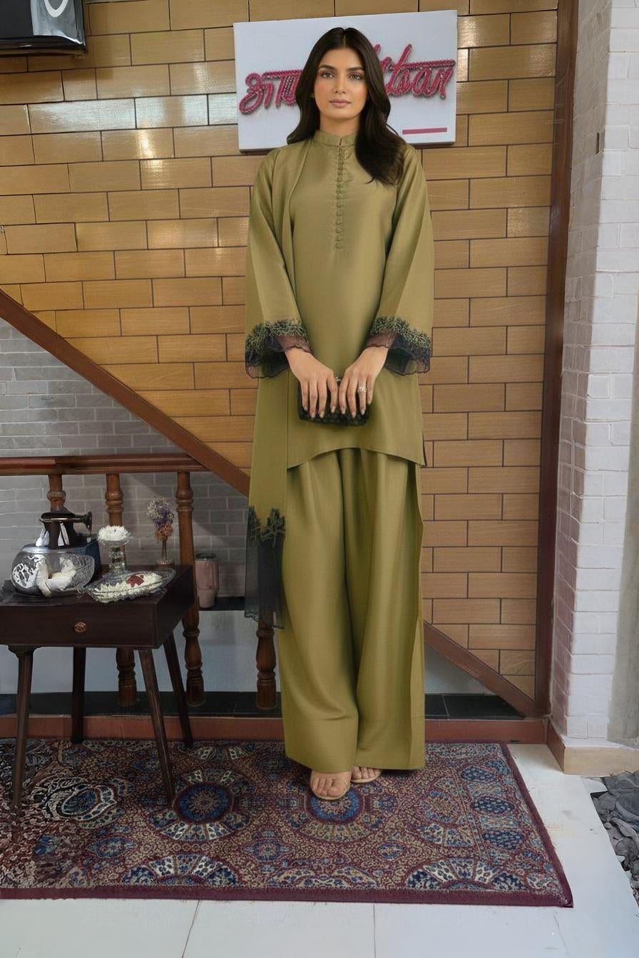 Olive Green Kurta Set with Black Lace Cuffs & Wide-Leg Palazzo Pants