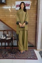 Olive Green Kurta Set with Black Lace Cuffs & Wide-Leg Palazzo Pants