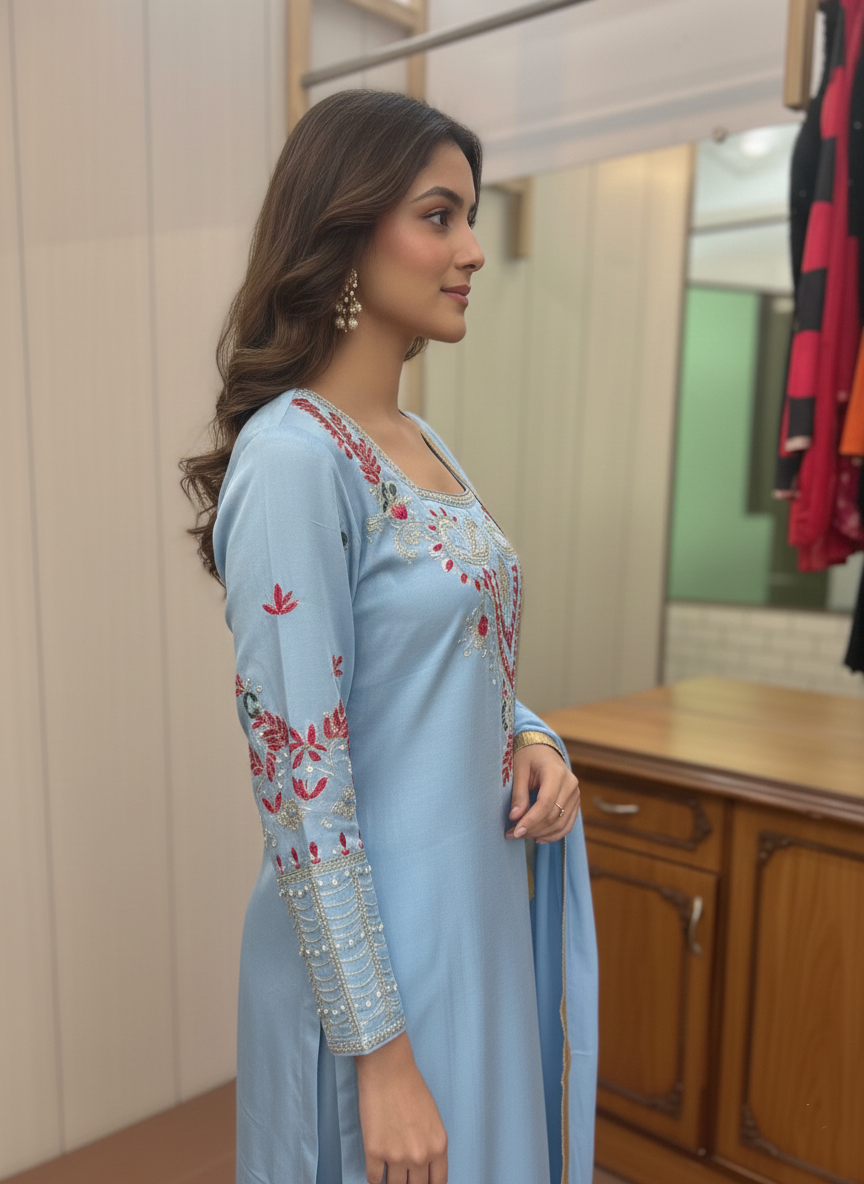 Opulent Crepe Pant Suit with Resham, Zari, and Cutdana Handwork