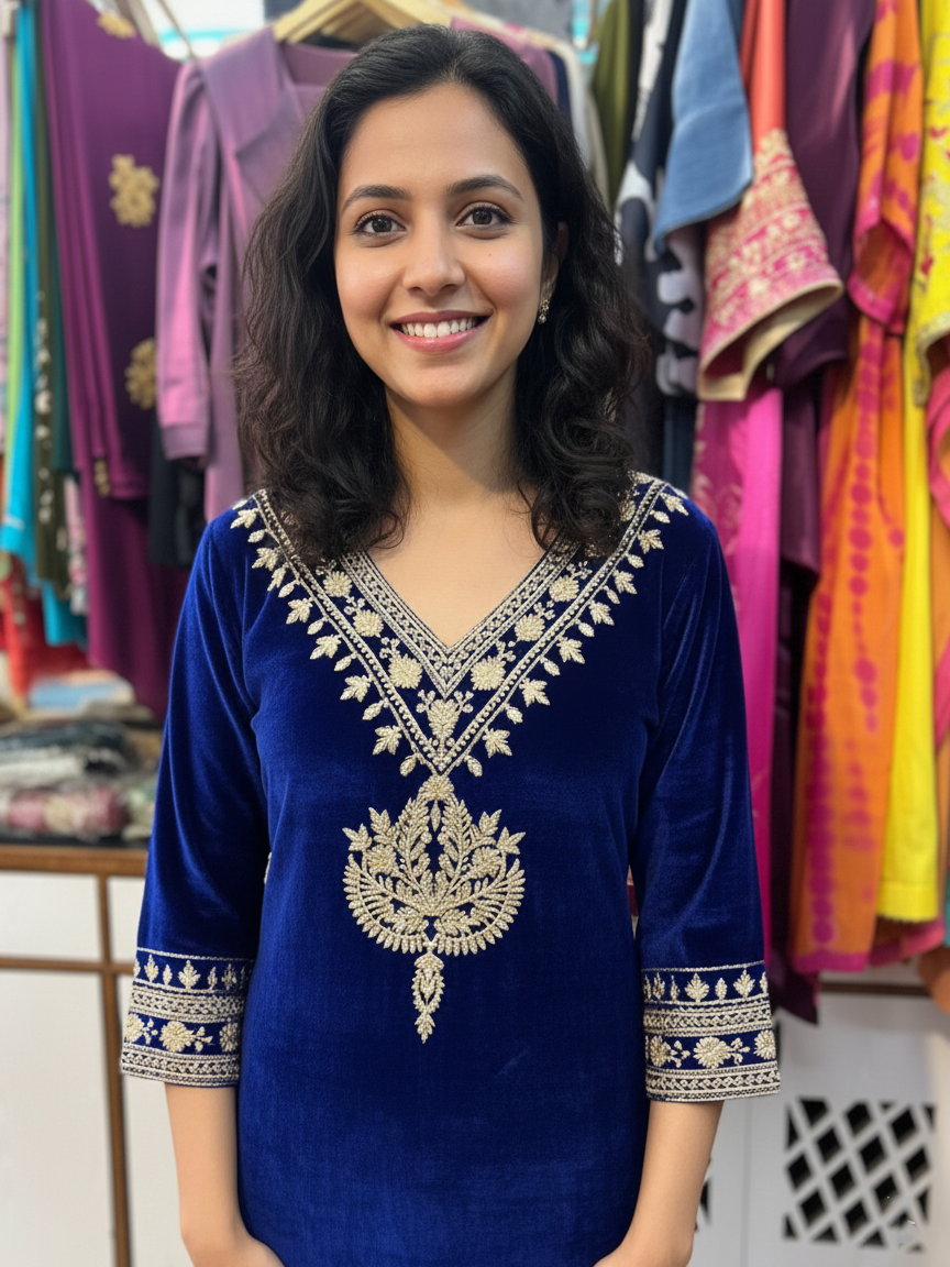 Luxurious Velvet Ensemble Featuring Traditional Aari Detailing