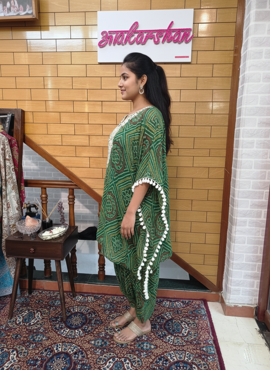 Emerald Bandhani Kaftan Set with Resham & Patra Work