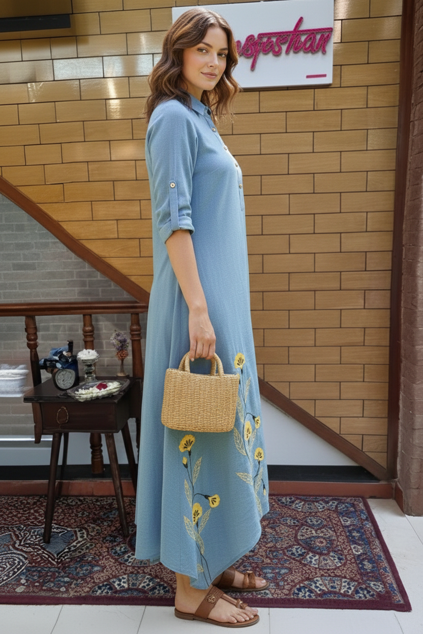 Dusty Blue Floral Embroidered High-Low Midi Dress