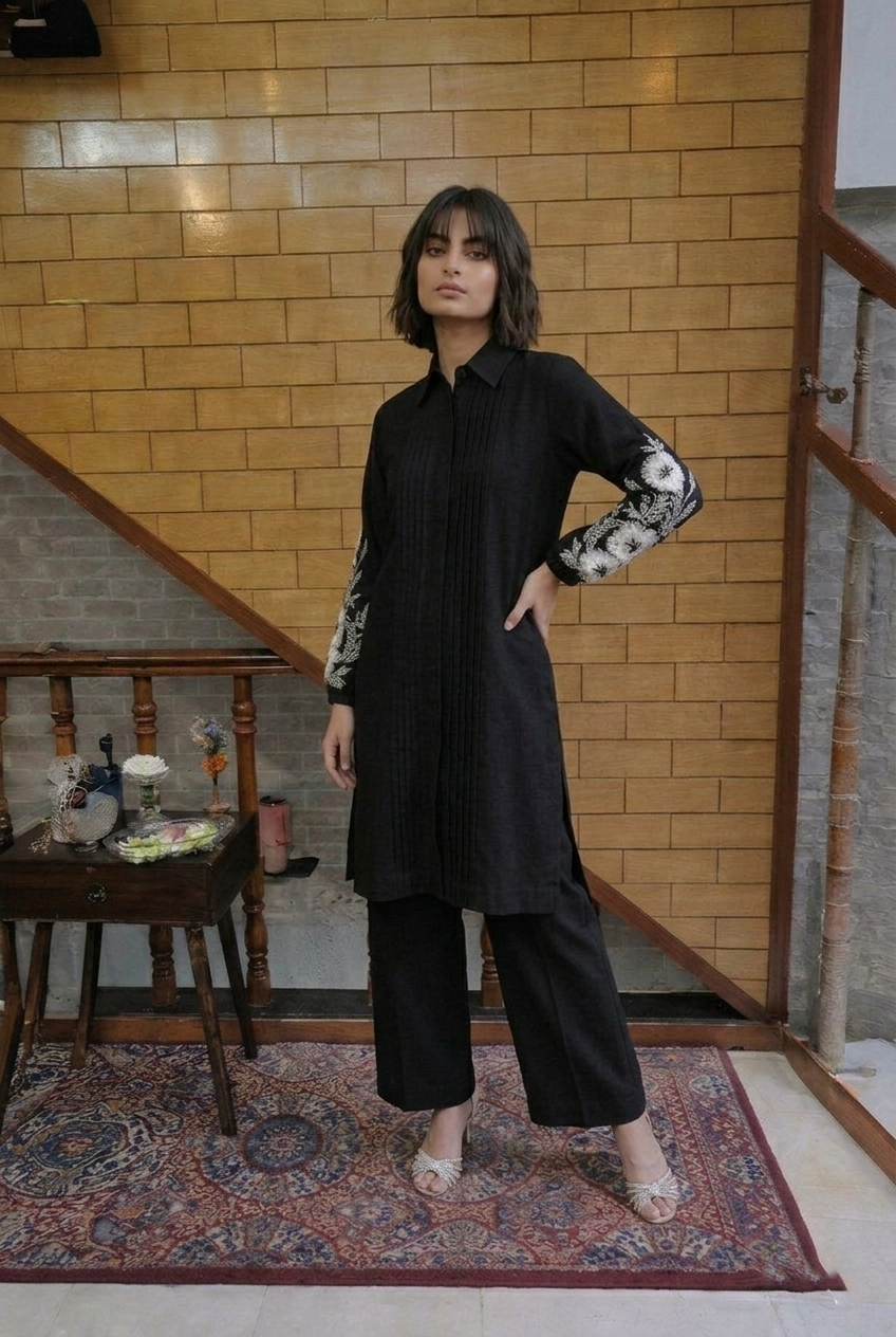 Classic Black Two-Piece Set with Contrast Cuff Detailing