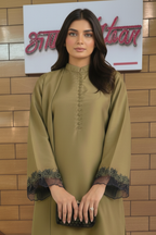 Olive Green Kurta Set with Black Lace Cuffs & Wide-Leg Palazzo Pants