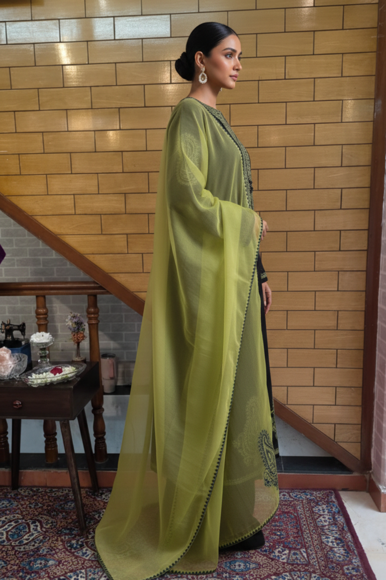 Black Embroidered Kurta Set with Lime Green Organza Dupatta & Paisley Detailing