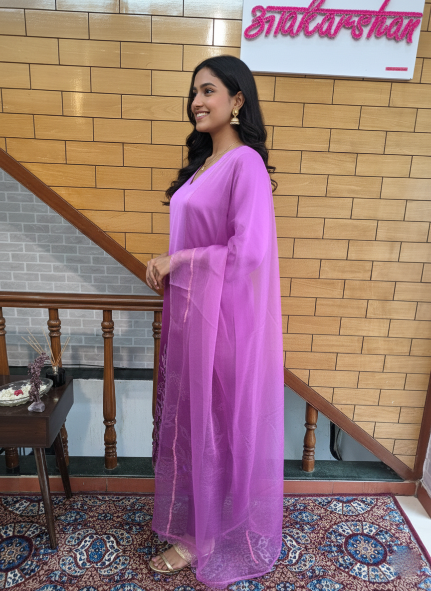 Handcrafted Ombre Modal Satin Suit with Cut Work