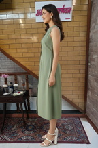 Olive Green Sleeveless Button-Down A-Line Midi Dress