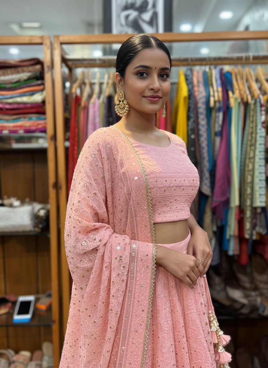 Pink Chikan Kari Georgette Lehenga Set