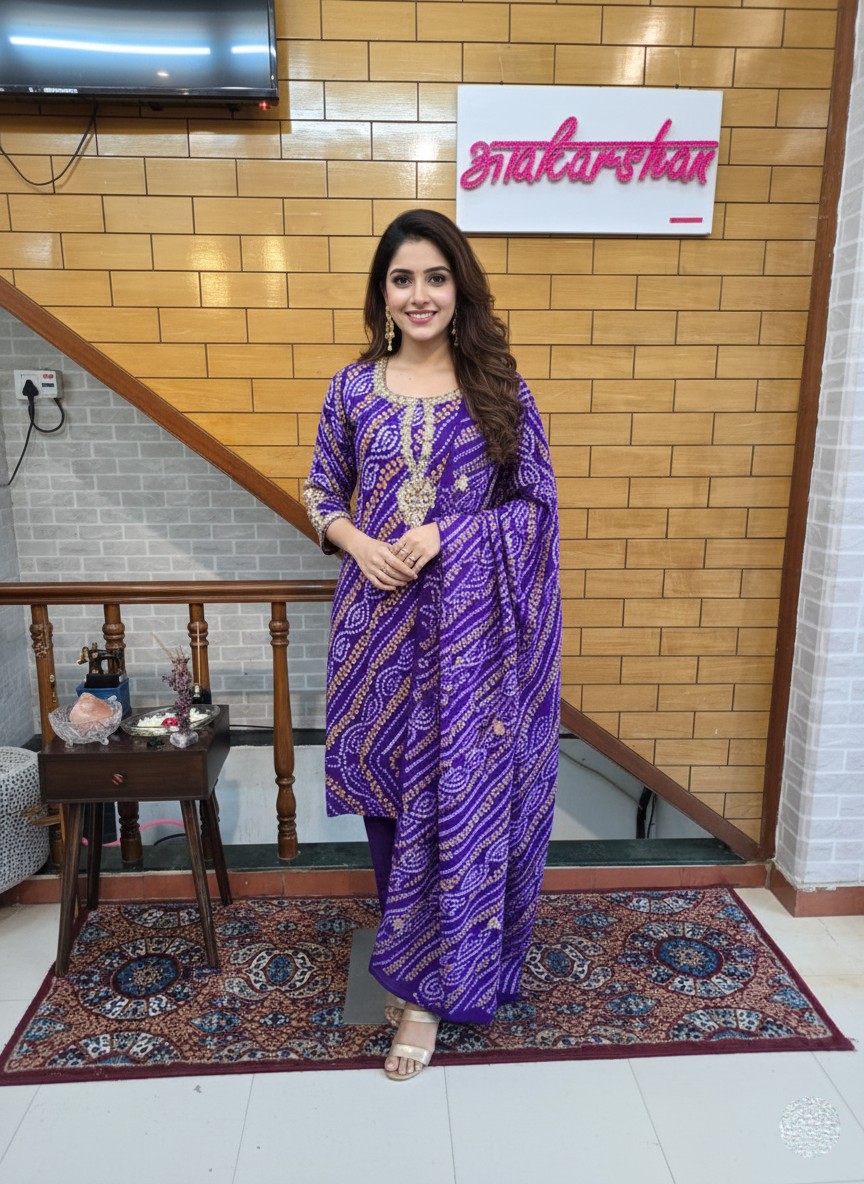 Traditional Bandhani Georgette Suit with Handcrafted Gota Patti Work