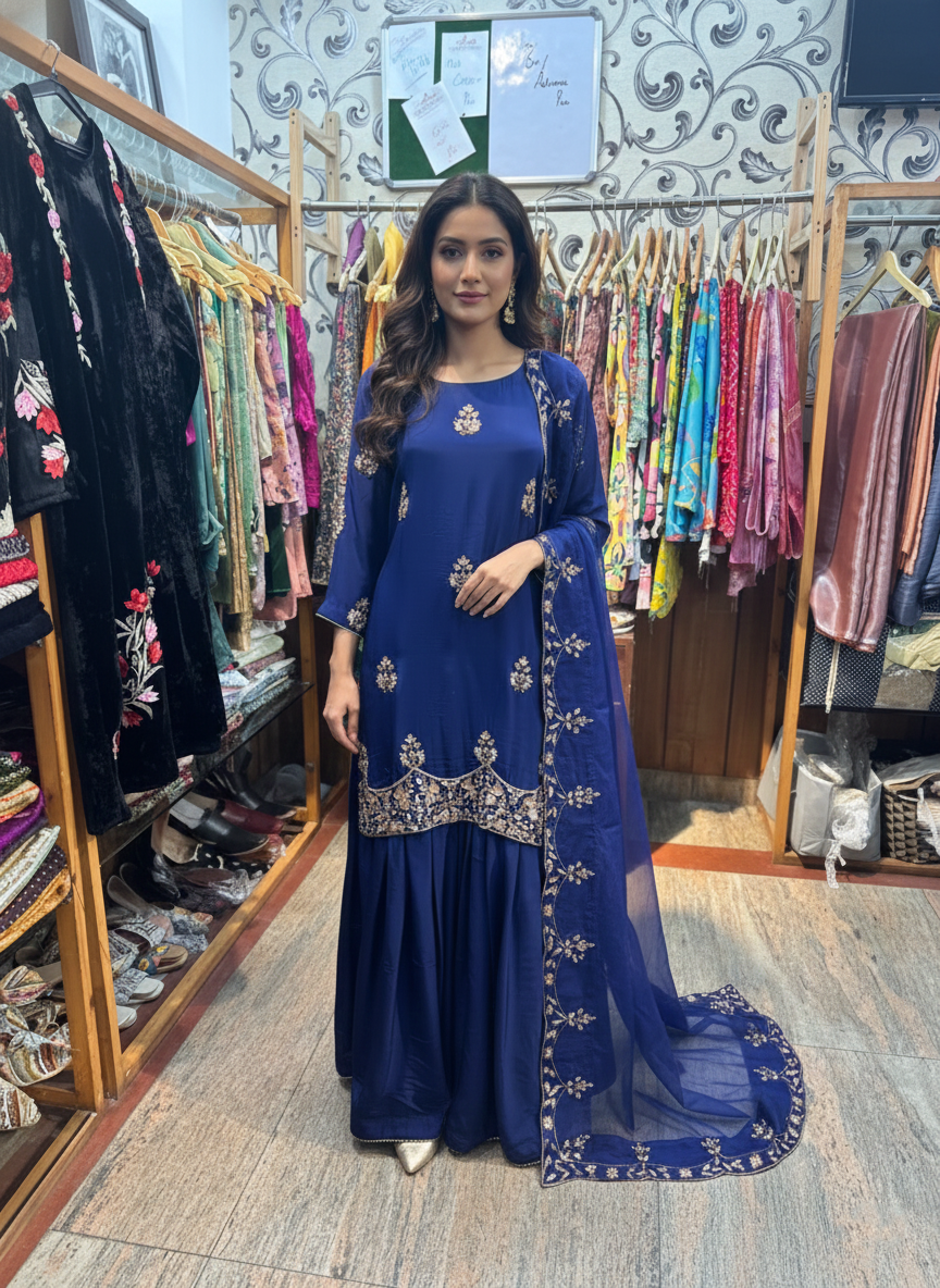 Shimmering Sharara Ensemble: Crepe Fabric with Sparkling Cutdana & Sequence Work