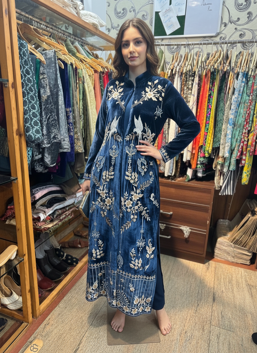 Velvet Jacket and Pants Set with Fine Resham Embroidery