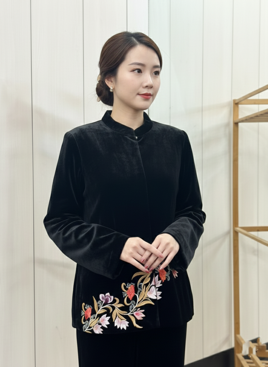 Lush Silk Velvet Jacket with Delicate Resham Thread Work