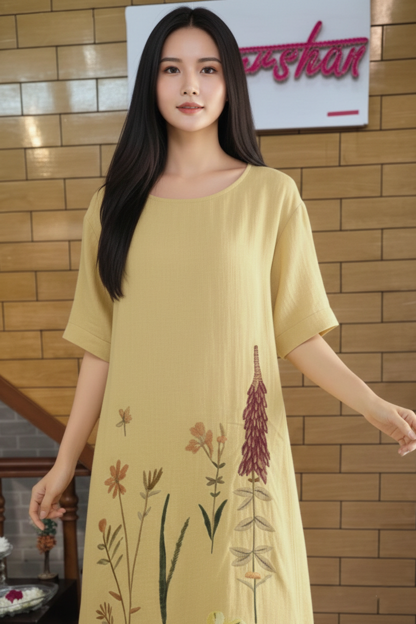 Mustard Meadow Embroidered Casual Midi Dress