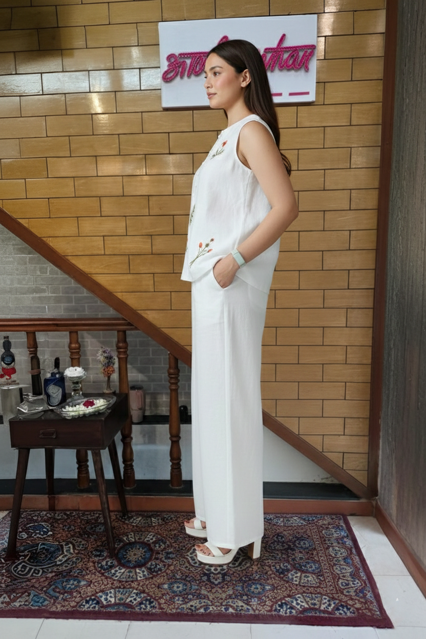 White Floral Embroidered Sleeveless Top with Wide-Leg Pants Co-Ord Set