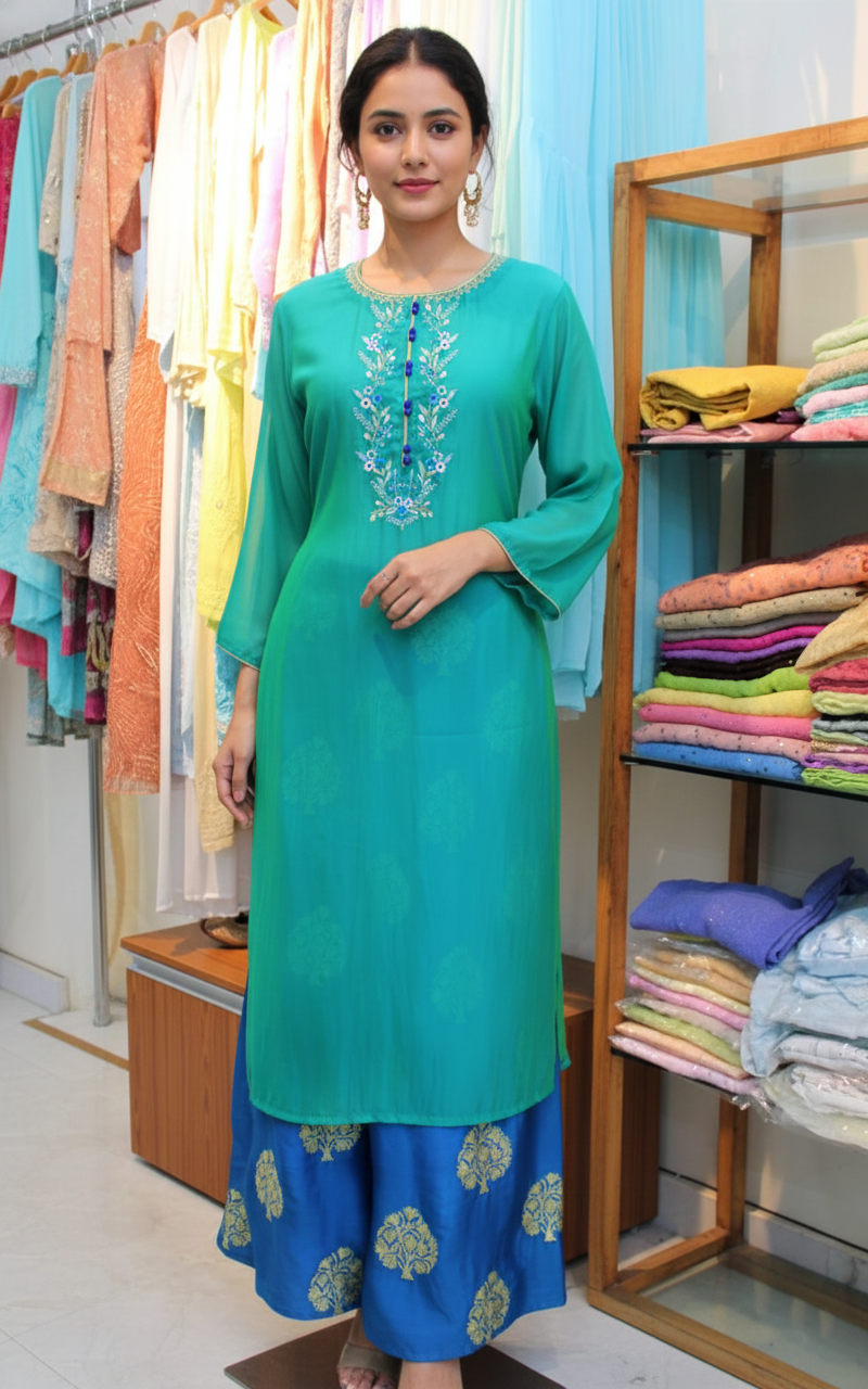 Emerald Green Crepe Kurta with Resham Embroidery and Royal Blue Brocade Pants
