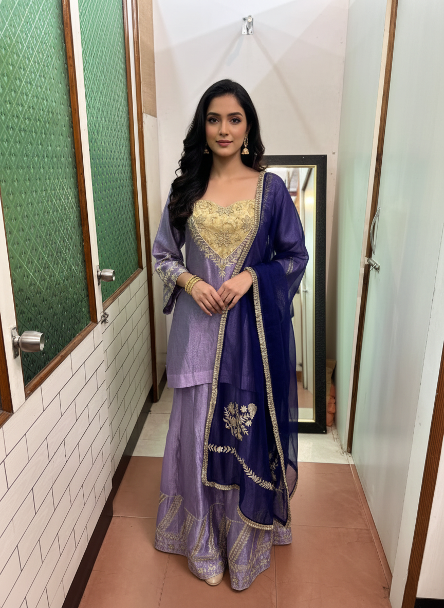 Tissue Fabric Sharara Suit with Elegant Zardozi Work