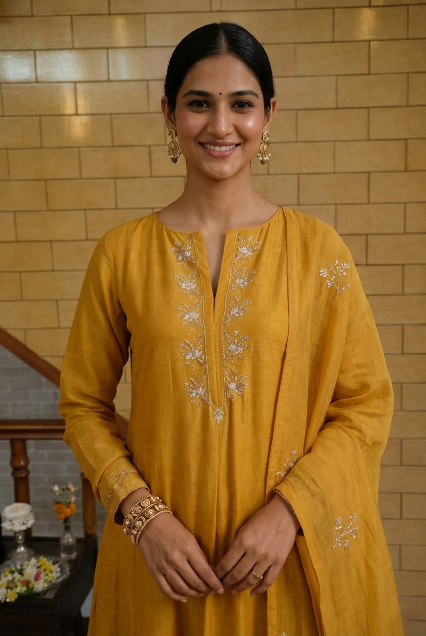 Golden Mustard Ethnic Wear Set with Delicate Thread Work