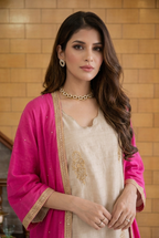 Regal Beige Silk Suit Paired with Hot Pink Embroidered Jacket