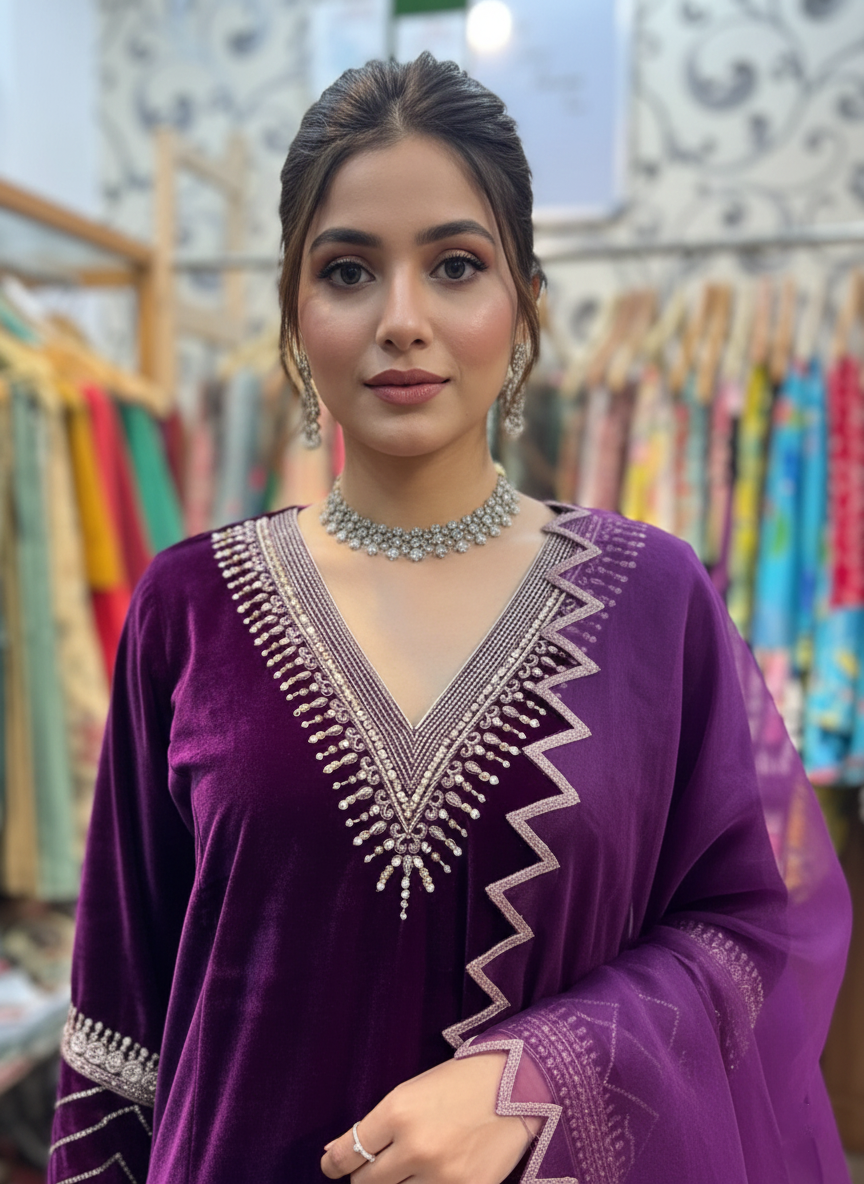 Silk Velvet Dhoti Suit with Organza Dupatta and Heavy Zardozi Work