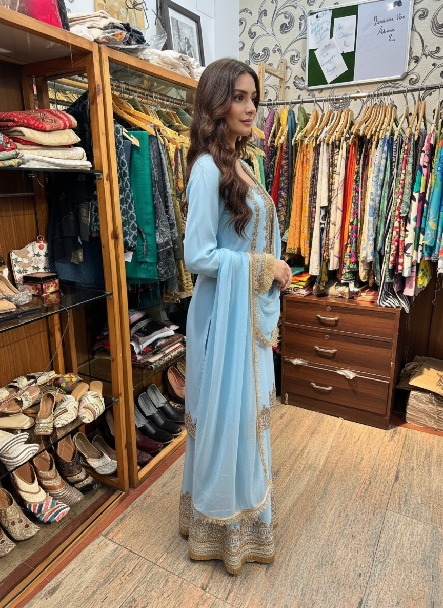 Traditional Sharara Ensemble: Silk Fabric Enhanced by Zardozi, Paired with Organza