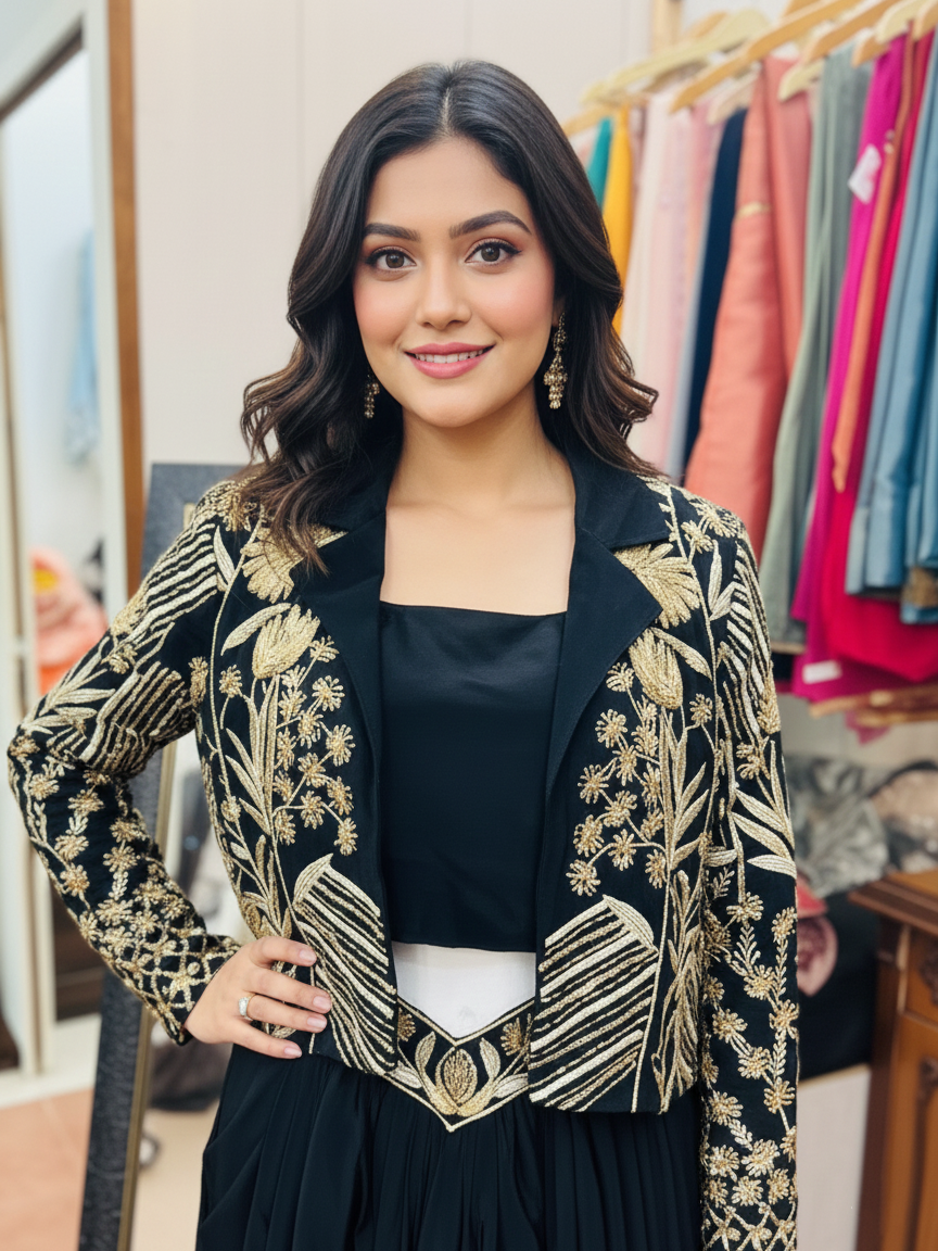 Statement Crepe Draped Skirt Suit with Shimmering Zari and Cutdana Detailing