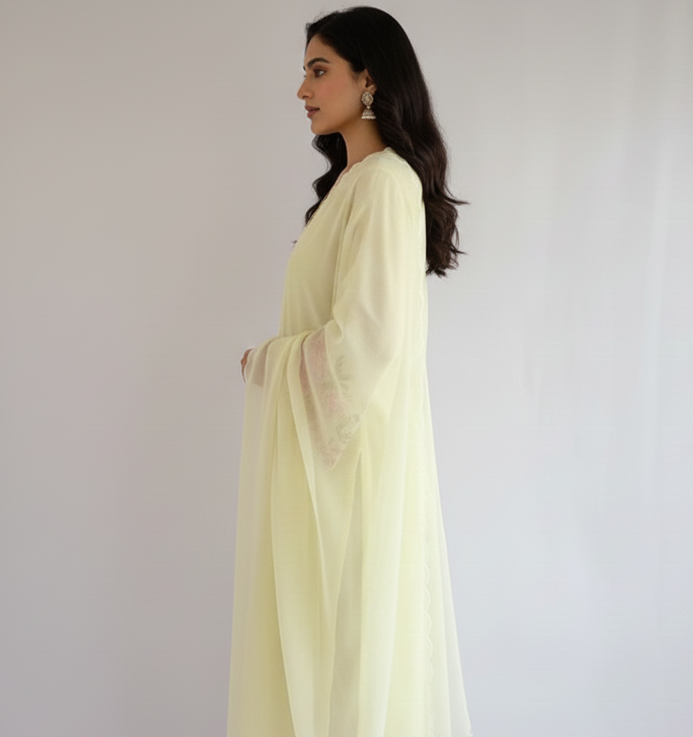Pastel Yellow Chanderi Suit with Floral Resham Embroidery