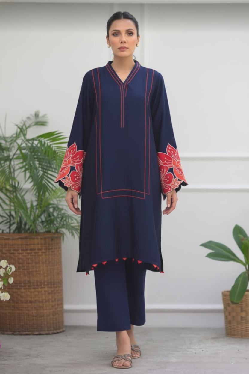 Cotton Suit with Resham Embroidery and Cut Work