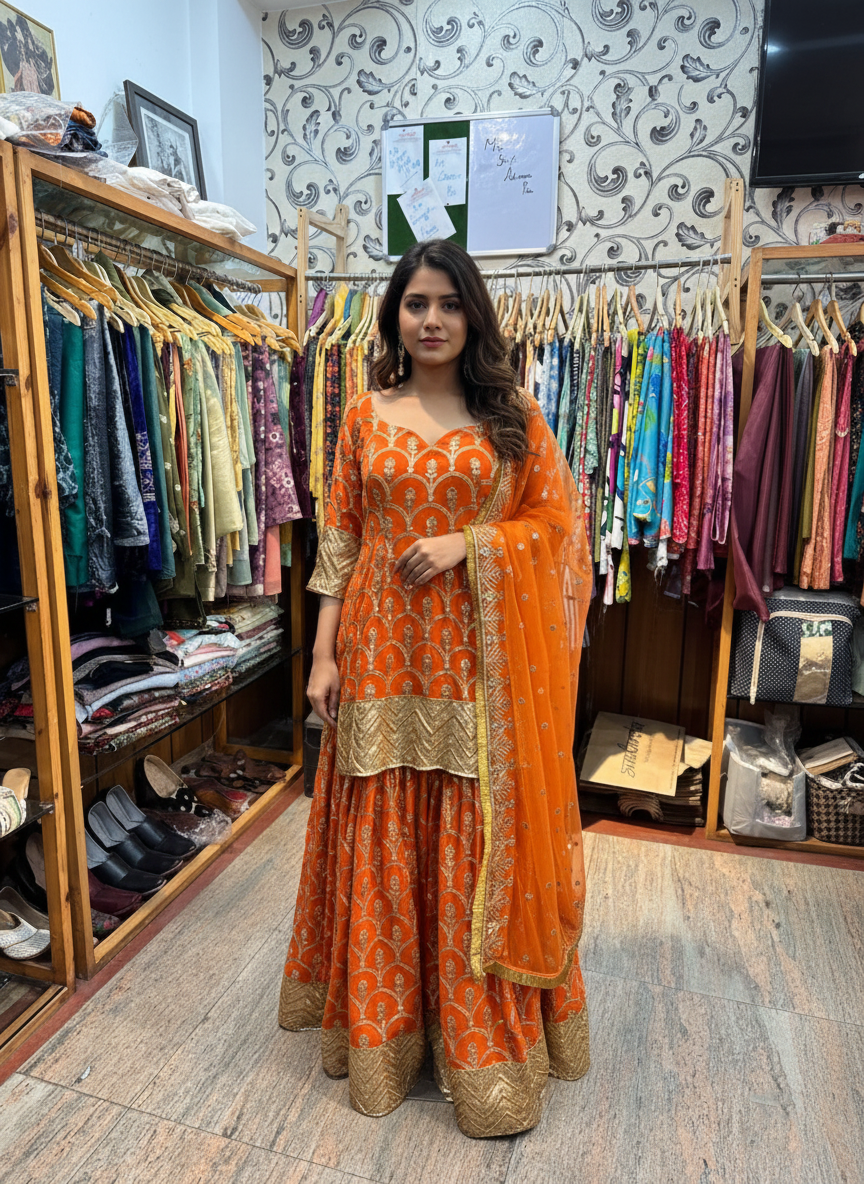Embroidered Georgette Kurta with Flared Skirt Set