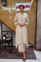 Beige High-Low Kurta Set with Embroidered Sleeves & Straight Pants
