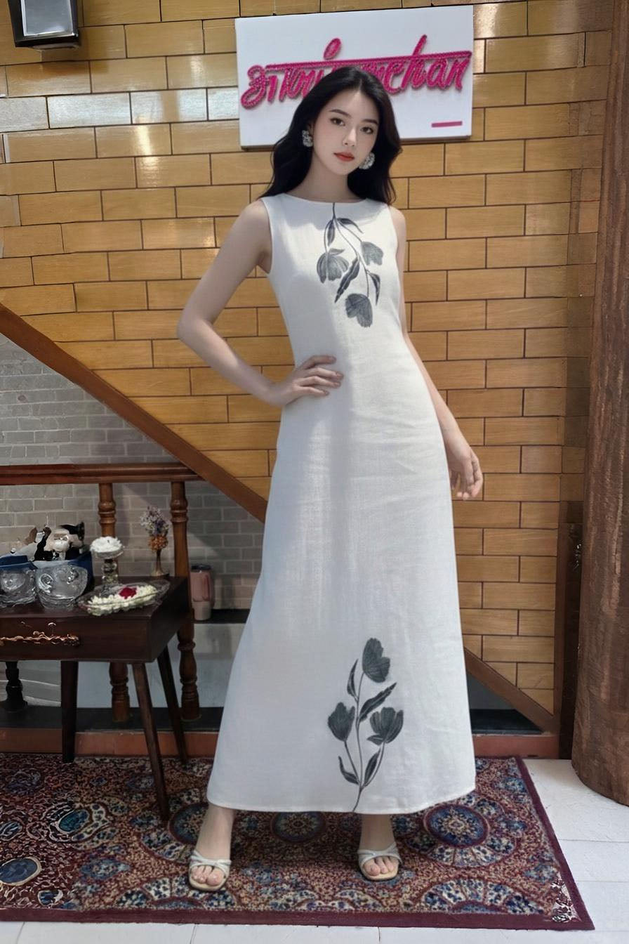 Linen Maxi Dress with Floral Print