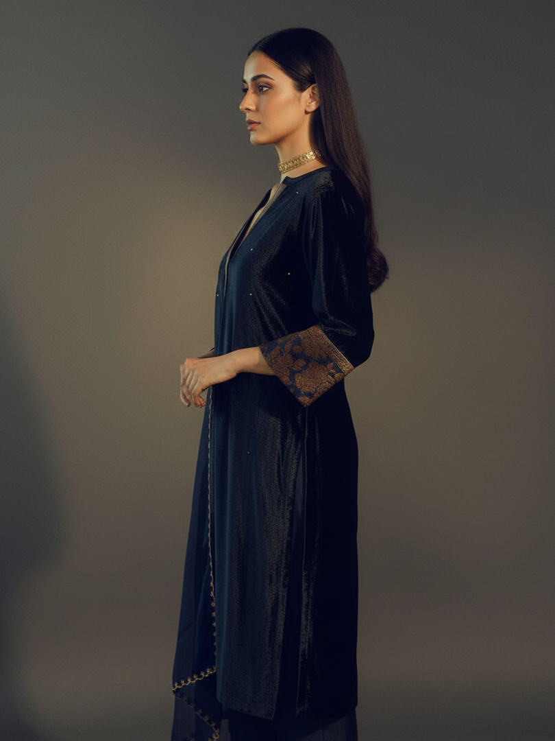 Textured Velvet Attire with Flowing Tissue and Organza