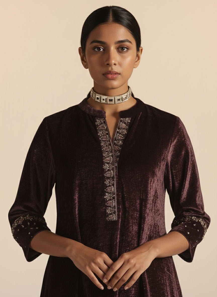Velvet & Tissue Contrast: Zardozi Embroidered Ensemble
