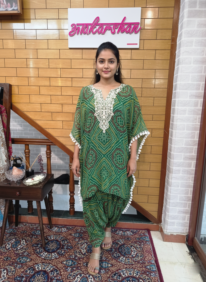 Emerald Bandhani Kaftan Set with Resham & Patra Work