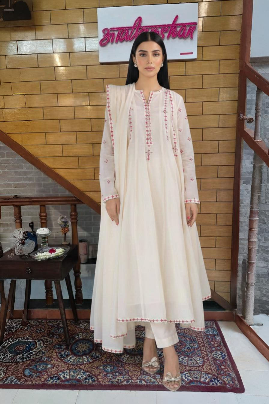 Anarkali Kurta Set with Delicate Pink Thread Embroidery