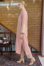 Soft Rose Linen Kurta Set with Intricate Cuff Embroidery