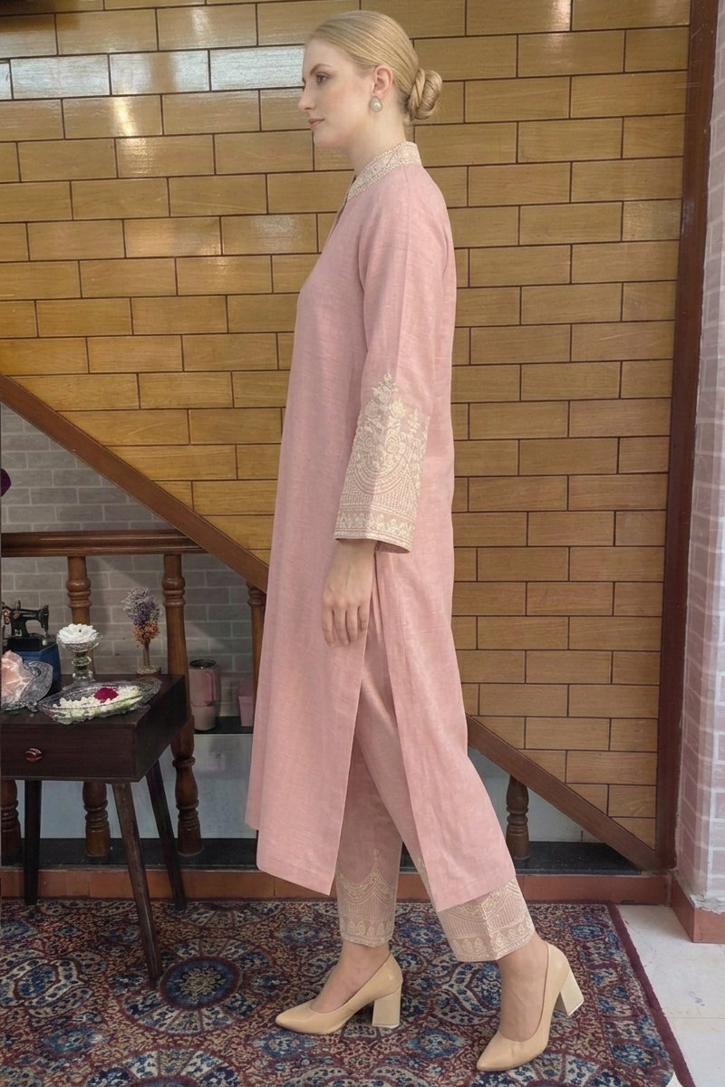 Soft Rose Linen Kurta Set with Intricate Cuff Embroidery