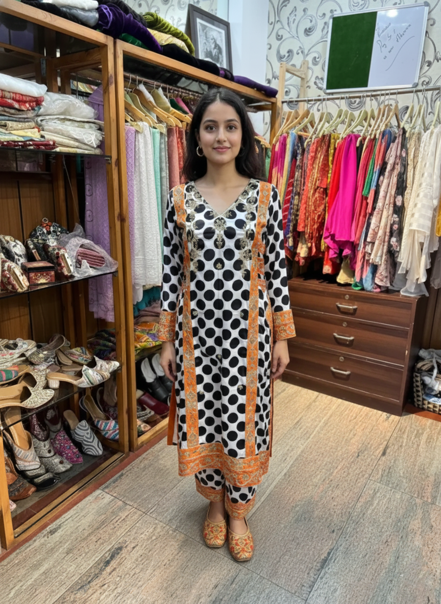 Black & White Satin Polka Dot Pant Suit with Zardozi Work & Chiffon Dupatta