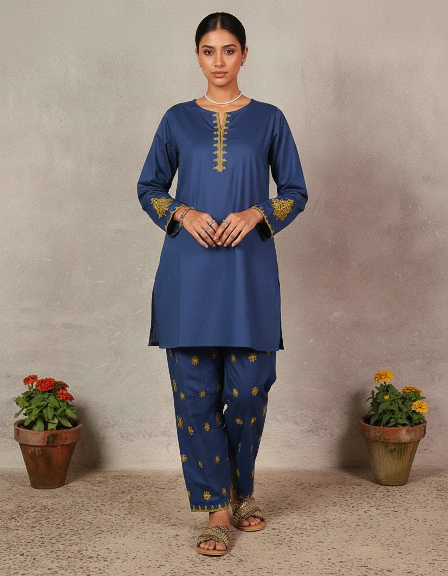 Hand-Embroidered Resham Cotton Suit