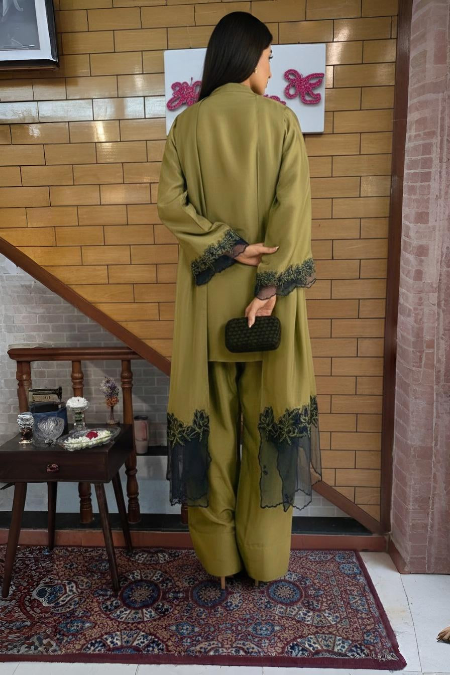 Olive Green Kurta Set with Black Lace Cuffs & Wide-Leg Palazzo Pants